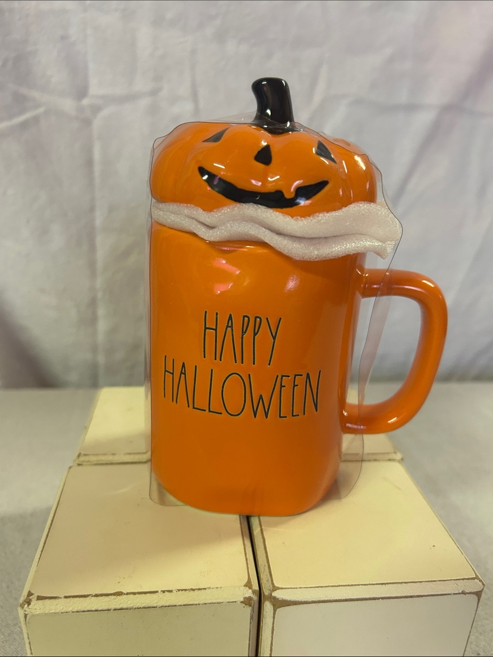 Rae Dunn Orange "Happy Halloween" Pumpkin Mug with Jack-O'-Lantern Lid